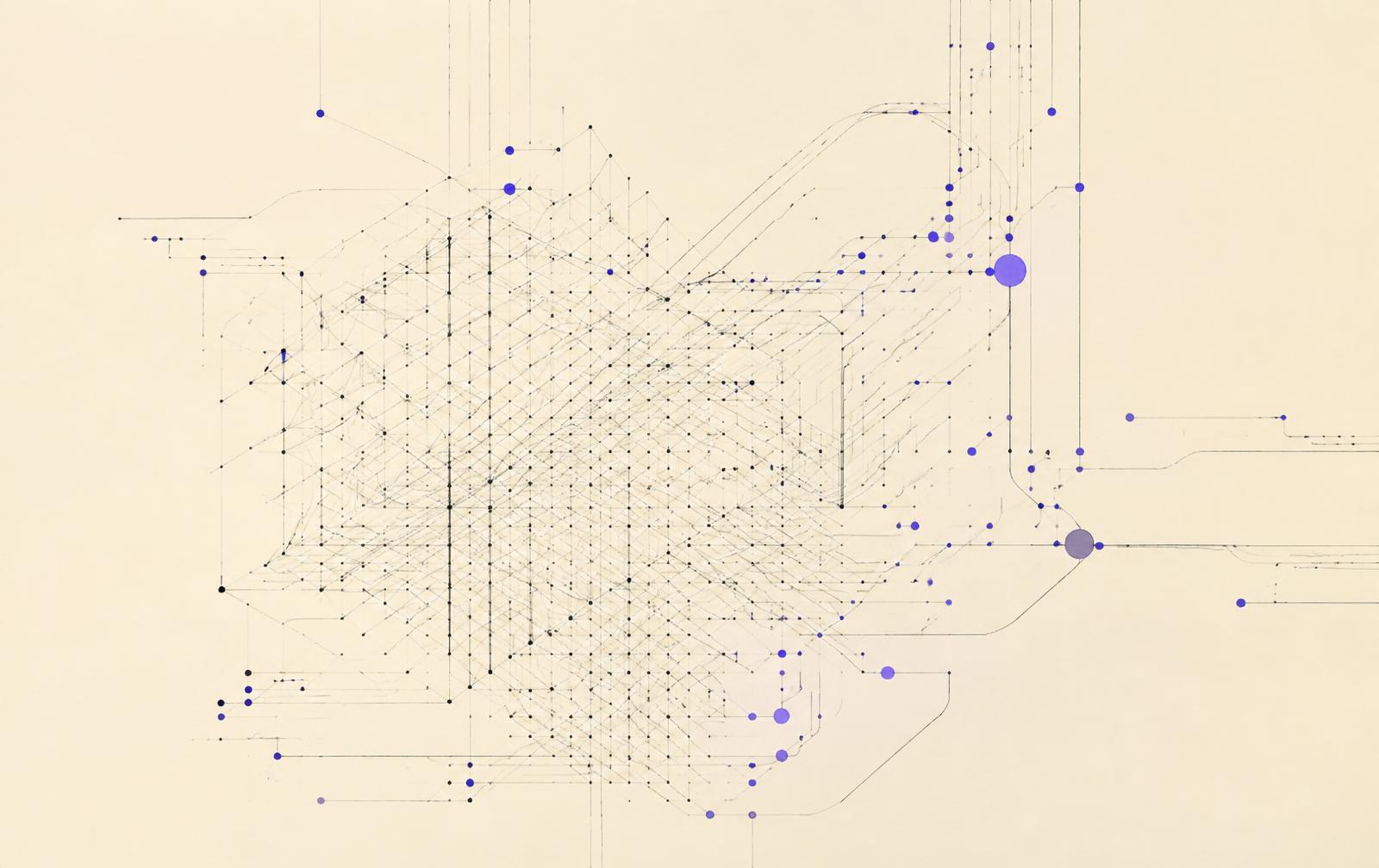 Abstract technical line drawing of a lattice network with violet connection nodes
