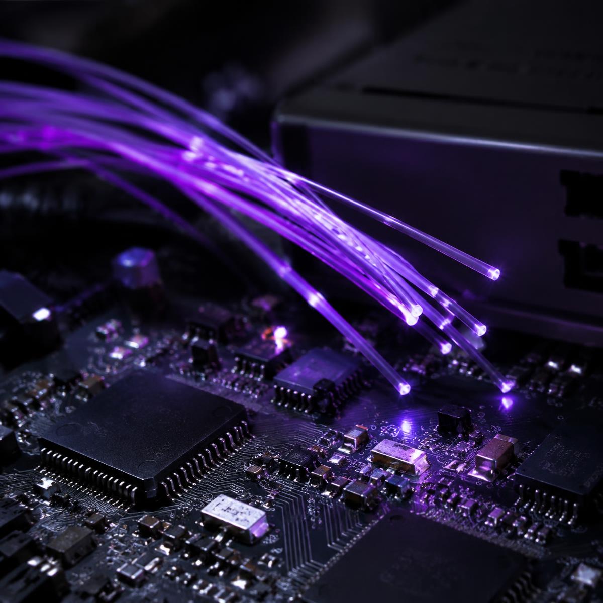 Circuit board with glowing violet fibre optic strands
