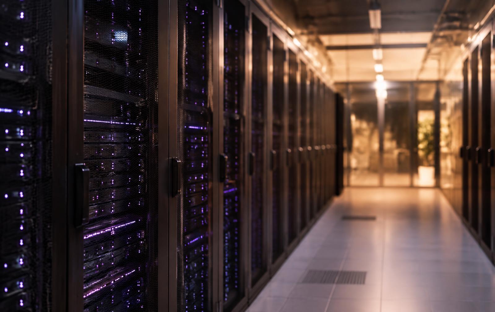 Corridor of server racks with violet indicator lights in a data centre
