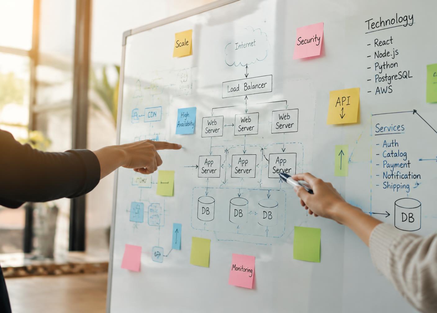 Illustrative photo of hands pointing at a whiteboard covered in architecture diagrams and sticky notes